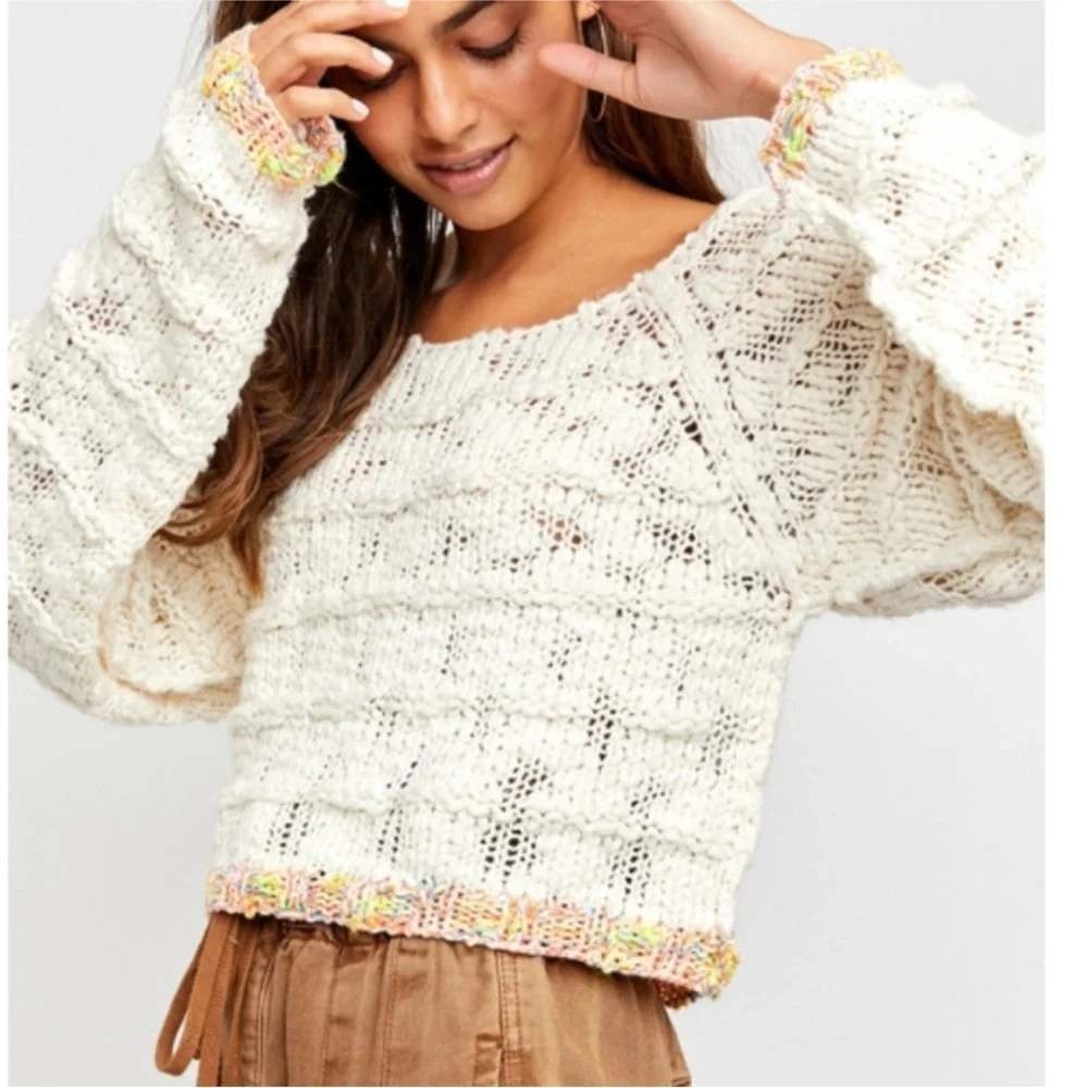 NWT Free People West Palm Knit Ivory Rainbow Trim Womens Sweater Medium Boho